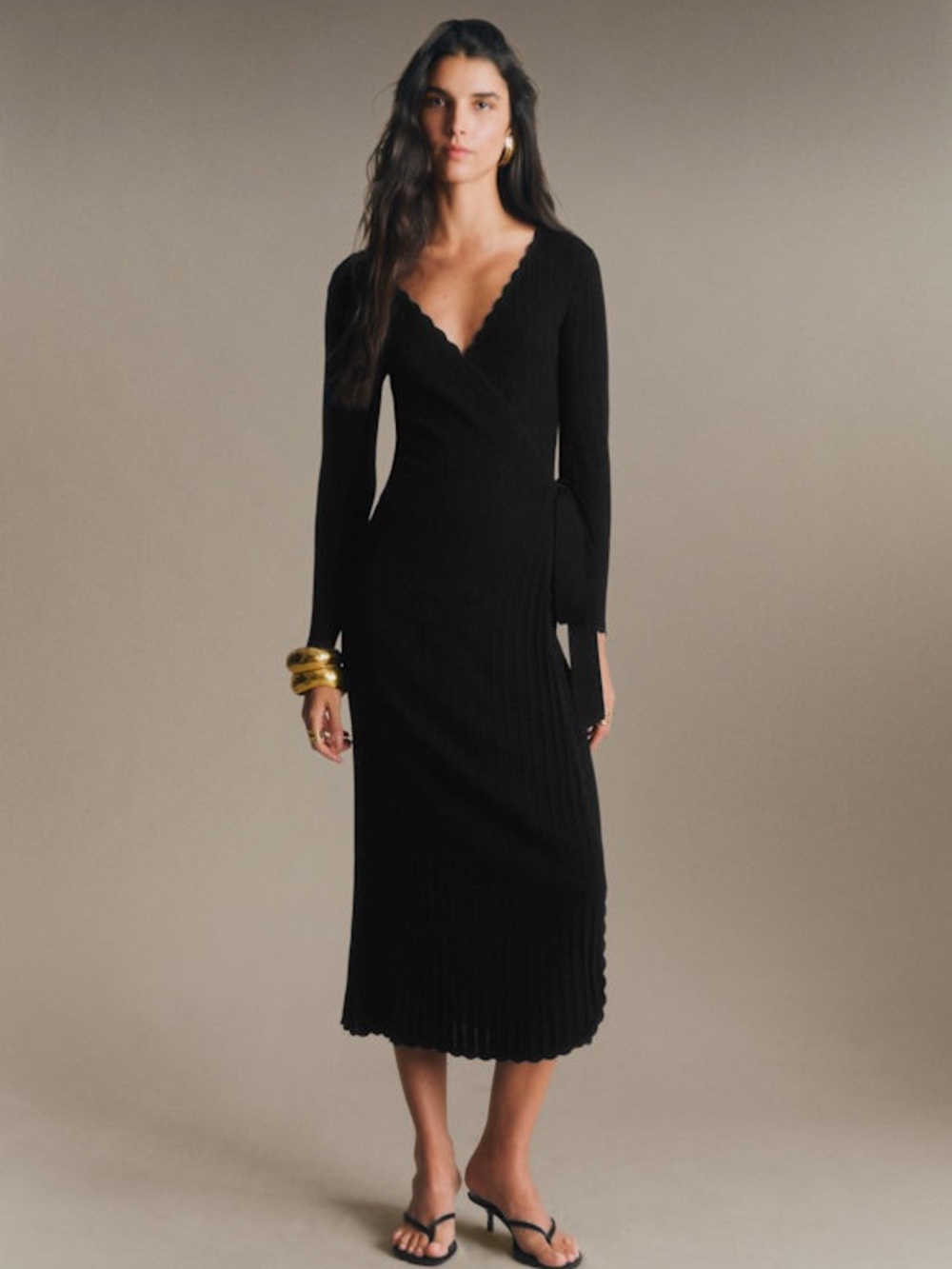 Sezane Cecilia Dress XS Black Sweater Knit Midi Length Wrap Dress Classic French